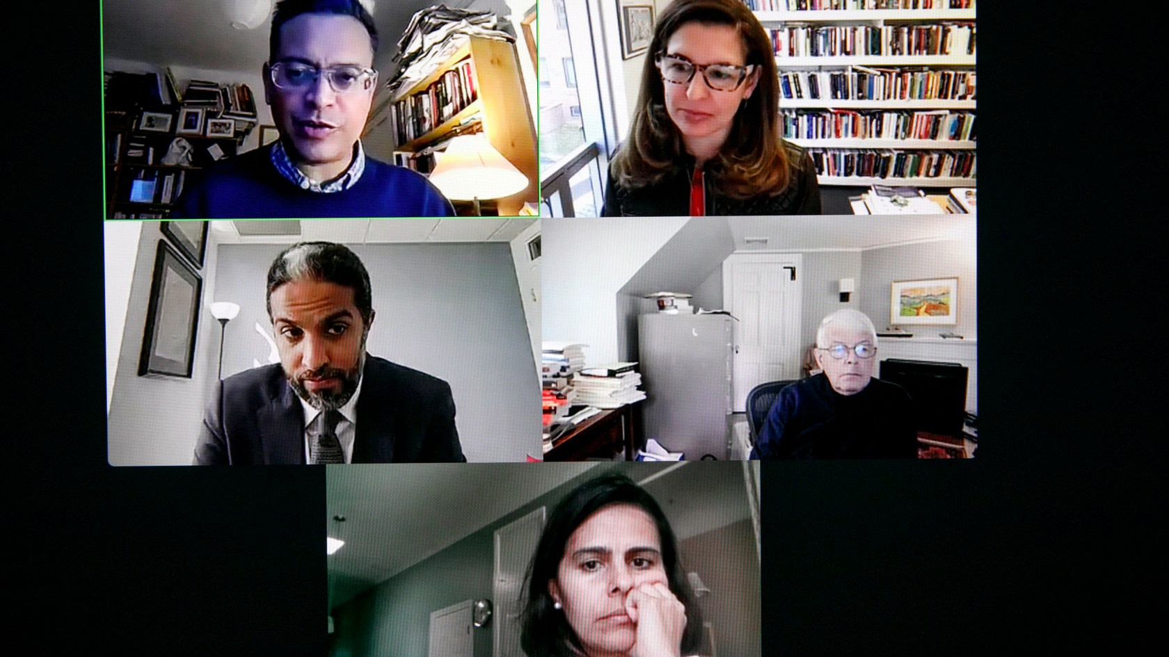 ana Mitter (clockwise from top left), Melanie Cammett (moderator), Timothy Colton, Diana Durán Nuñez, and Ziad Daoud on Zoom screen.