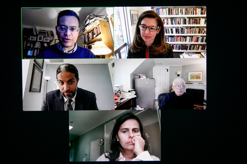 ana Mitter (clockwise from top left), Melanie Cammett (moderator), Timothy Colton, Diana Durán Nuñez, and Ziad Daoud on Zoom screen.