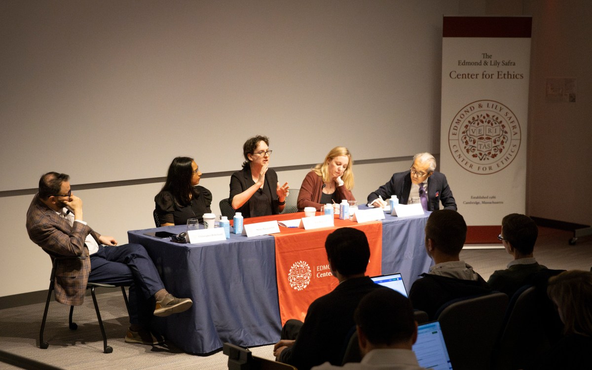 Eric Beerbohm (from left) with panelists Christopher Robichaud, Shruti Rajagopalan, Tom Malleson, Jessica Flanigan, and Nien-hê Hsieh.