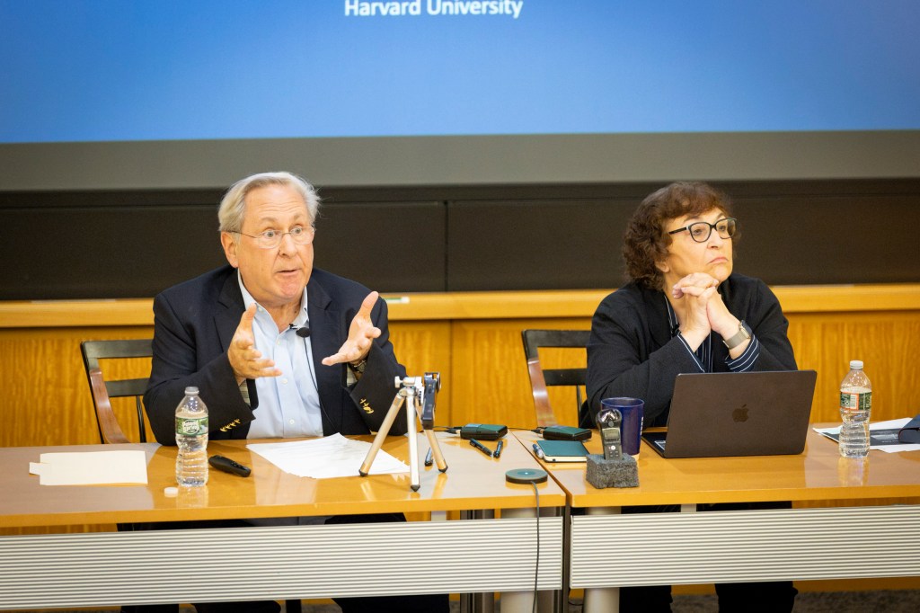 David Hoffman (left) and Yevgenia Albats speaking during the event.