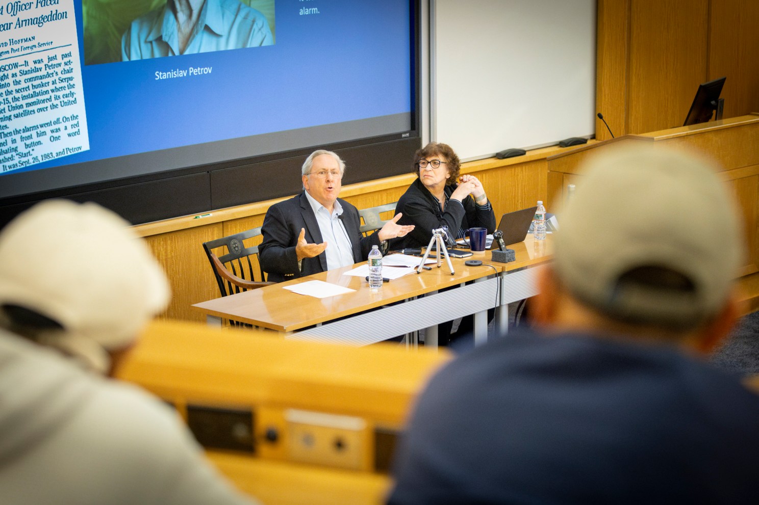 David Hoffman (left) and Yevgenia Albats speaking during the event. 