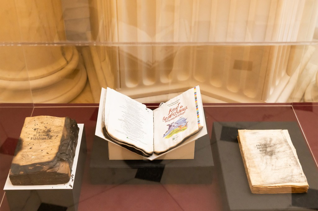 Zelenska gave Harvard Library three damaged books rescued from a ruined printing warehouse in Kharkiv. It will be carefully conserved by the library’s Preservation Services.