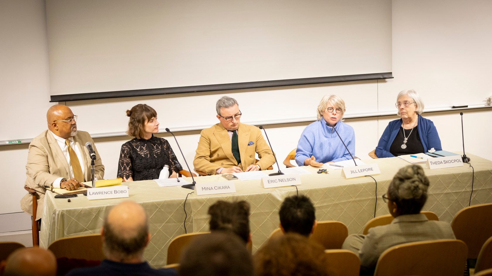 Lawrence Bobo (from left), Mina Cikara, Eric Matthew Nelson, Jill Lepore, and Theda Skocpol speaking during the event.