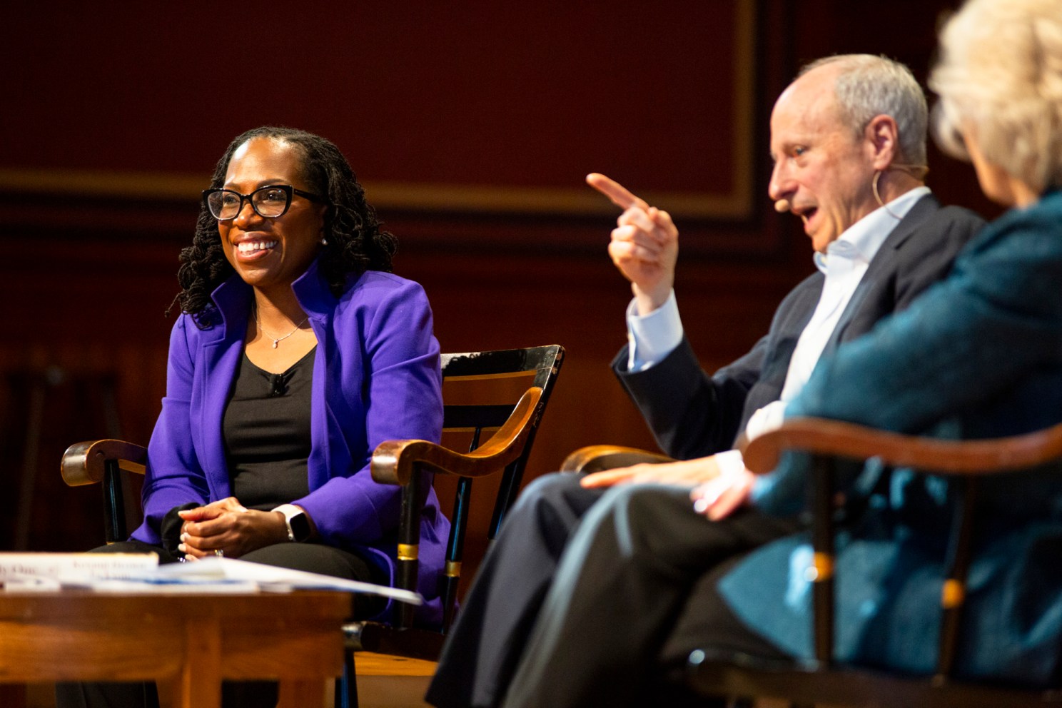 Supreme Court Justice Ketanji Brown Jackson (left) speaks with Michael J. Sandel and Massachusetts Supreme Court Judge Margaret Marshall d