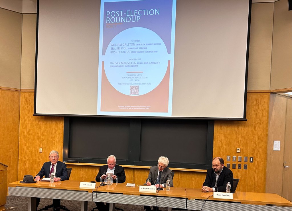 Moderator Harvey Mansfield (from left) and panelists Bill Kristol, William Galston, and Ross Douthat