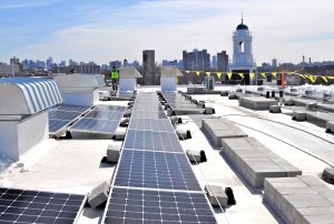 Solar panels on the Wexner Building at Harvard Kennedy School.