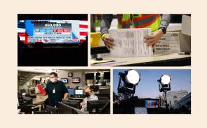 Collage of scenes from 2020 presidential election from TV news and Associated Press coverage of the dayslong vote count to workers tallying ballots in Pennsylvania.