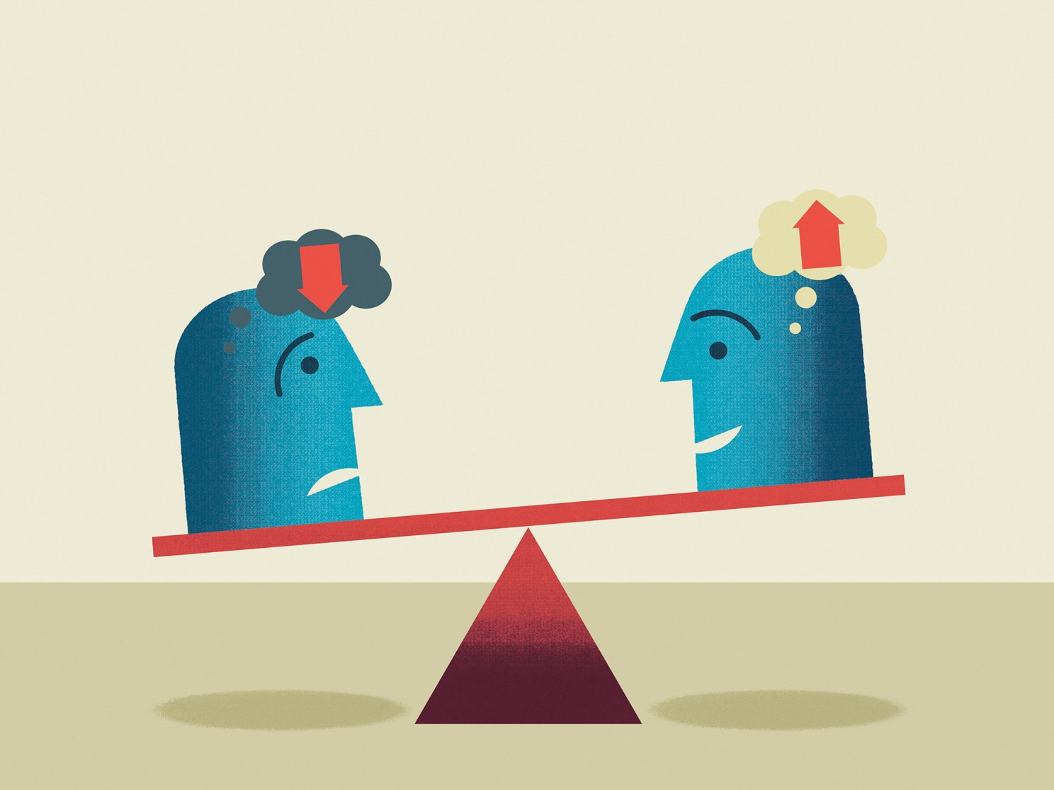 Illustration of optimist and pessimist on a see-saw.