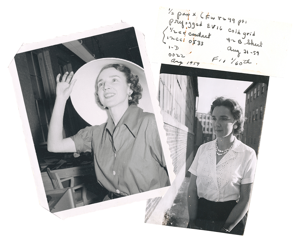 Meroë Morse poses for Polaroid test photos. One photo is her posing with a large white hat. And the other photo is her standing elegantly with a pearl necklace. 