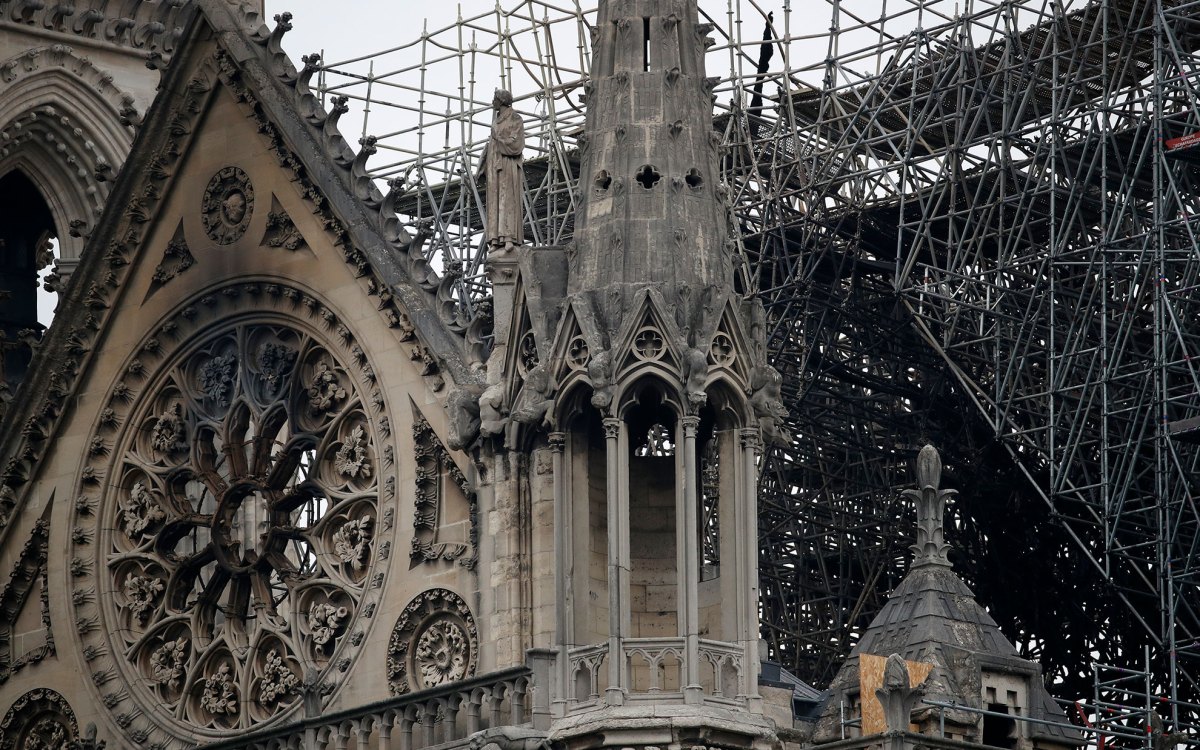 View of the scaffolding and damaged Notre-Dame Cathedral after the fire in Paris, April 16, 2019.