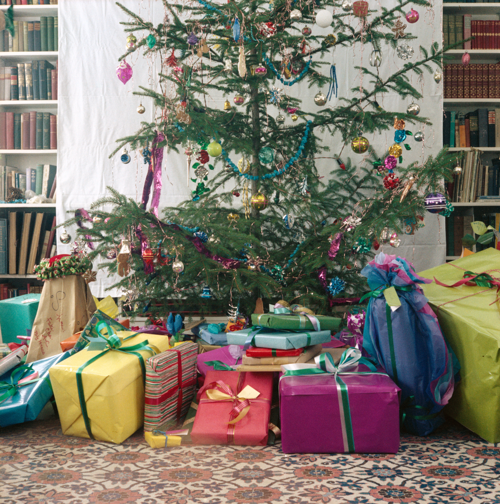 Presents under a Christmas tree.