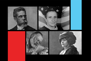 Portraits of Machado de Assis, Gertrude Stein, Colette, and Ernest Hemingway.