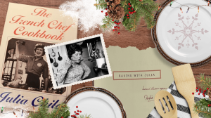 Collage of photos of Julia child and cooking materials