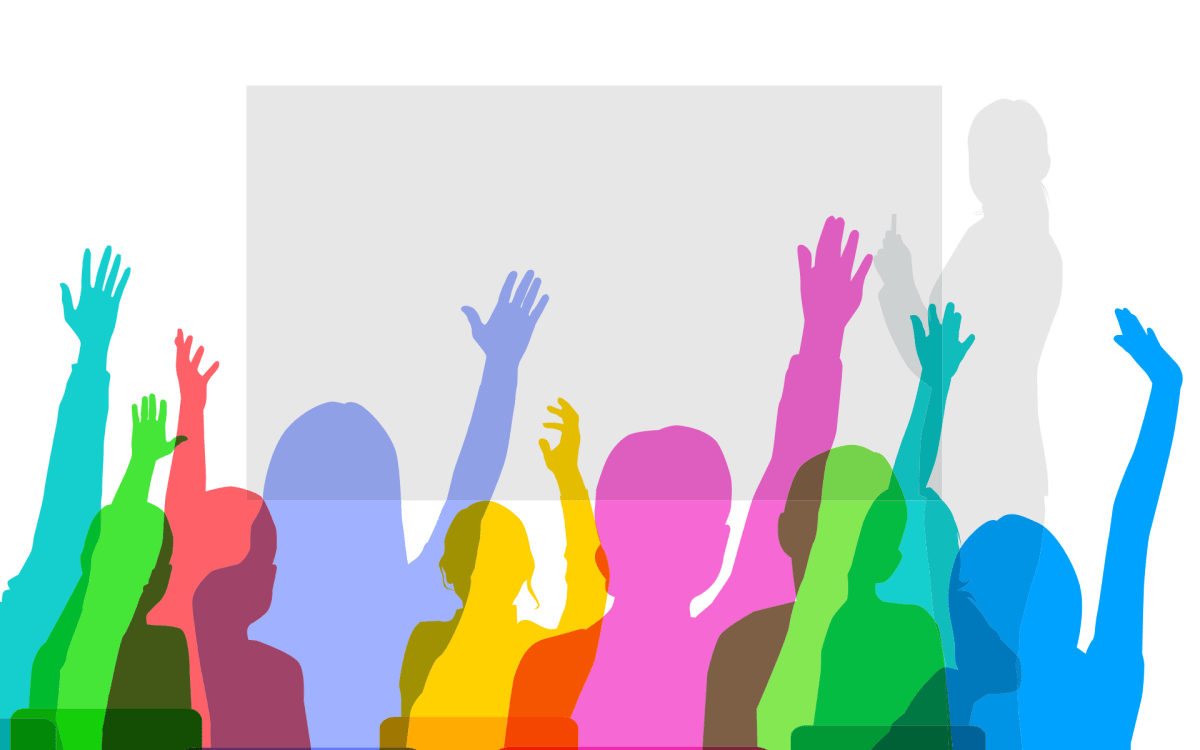 Illustration of students with hands raised and teacher at chalkboard.