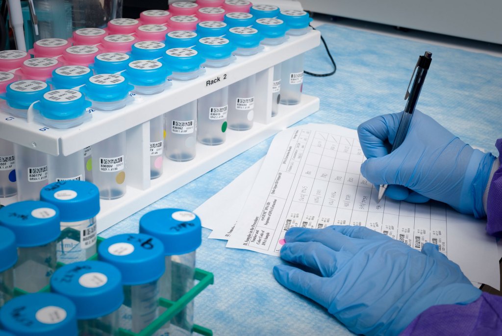 A National Eye Institute laboratory scientist documents research findings.