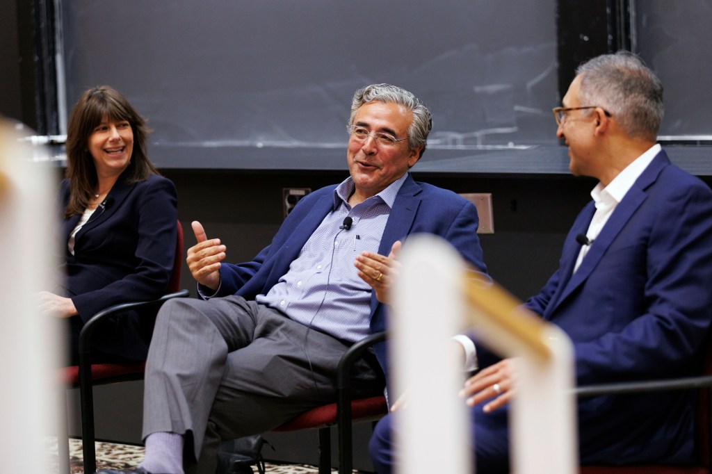 Elizabeth Prelogar (from left), Noel Francisco, and Neal Katyal speak during the event in the Science Center Lecture Hall