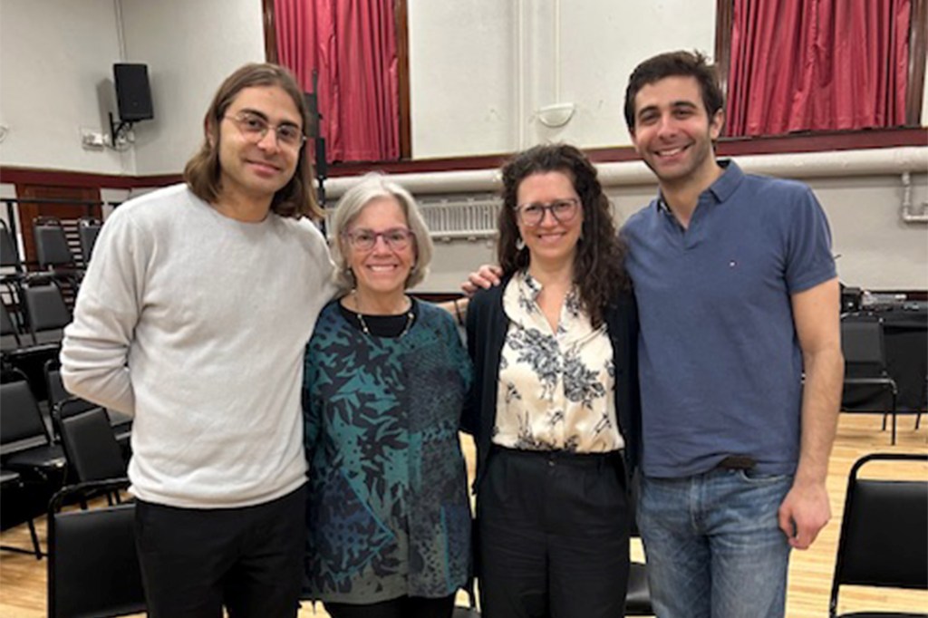 Conversations with palliative care specialist Susan Block (second from left) were instrumental to the development of “Night Side Songs” by Daniel Lazour and Patrick Lazour (far left and far right), seen here with Amanda Moment, a social worker at Dana-Farber and BWH.