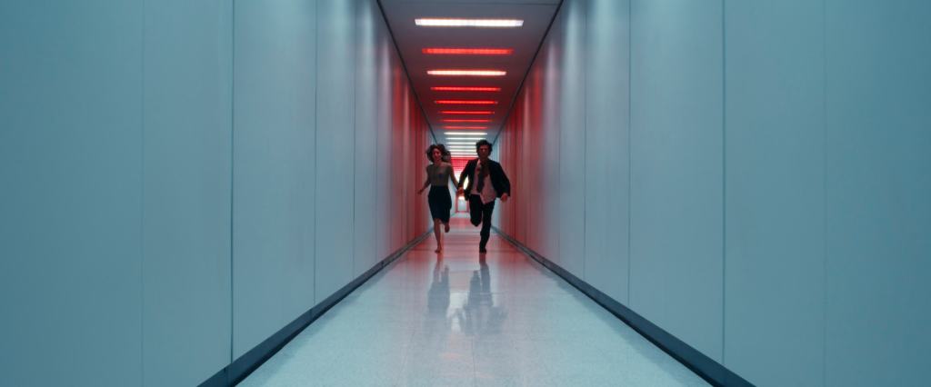 two character running down a hallway