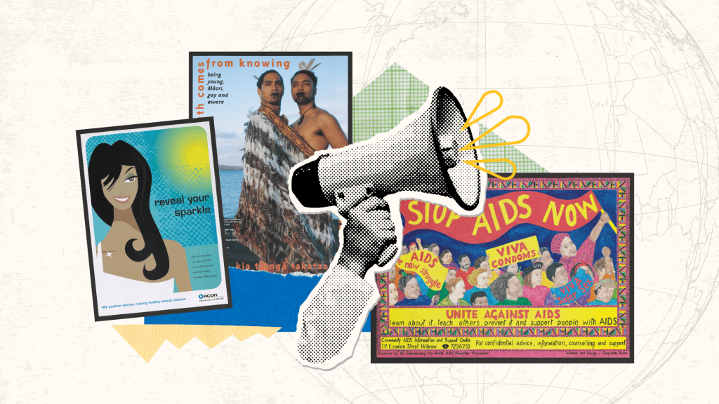 collage of HIV posters with a microphone