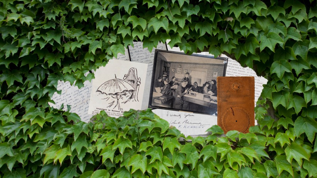 Collage of ivy wall hiding archival artifacts.
