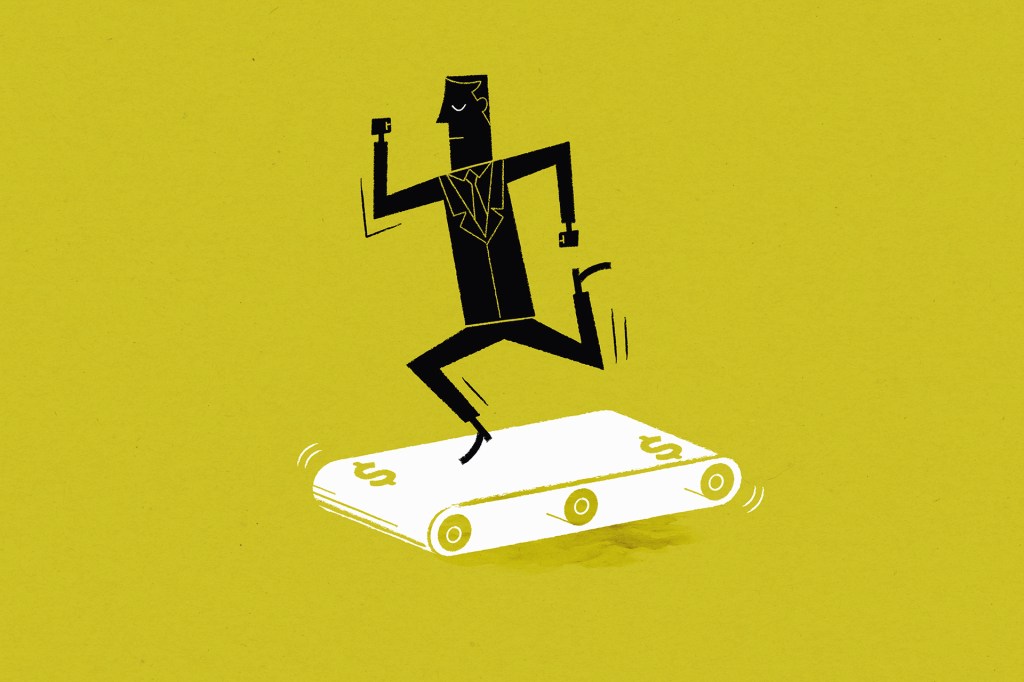 Illustration of a business person running on a treadmill. (Ben Sanders/Ikon Images)