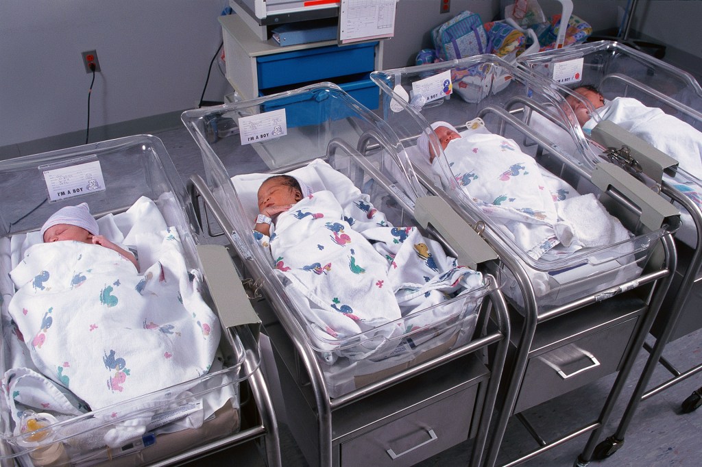 Newborns in a hospital nursery.