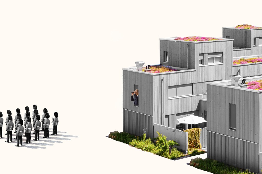 Photo illustration of guards outside of a bunker.