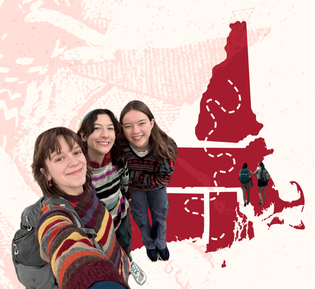 Photo illustration of Eden Fisher, Amelia Heymach, and Addie Kelsey and a map of New England.