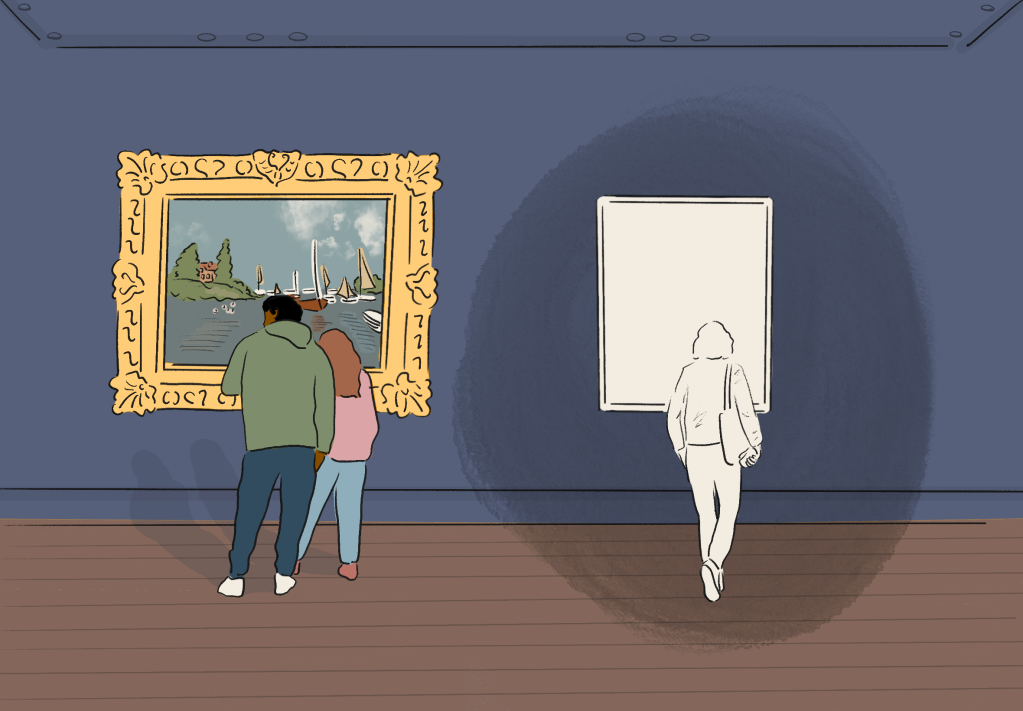 Couple standing in front of a vibrant painting versus a woman staring at a blank painting