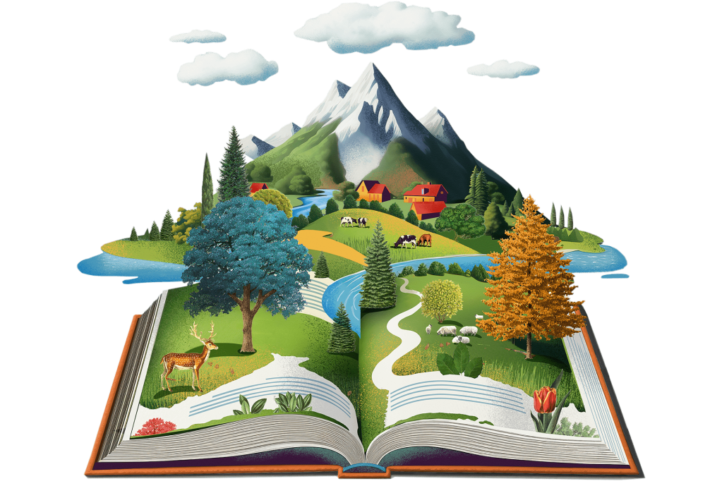 Illustration of book opening up to beautiful landscape.