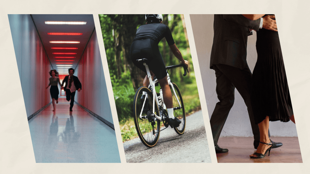 Illustration of "Severance" scene, cyclist, and tango dancers.