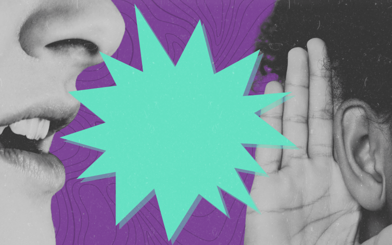 Photo illustration of a spiky word bubble between speaker and listener.