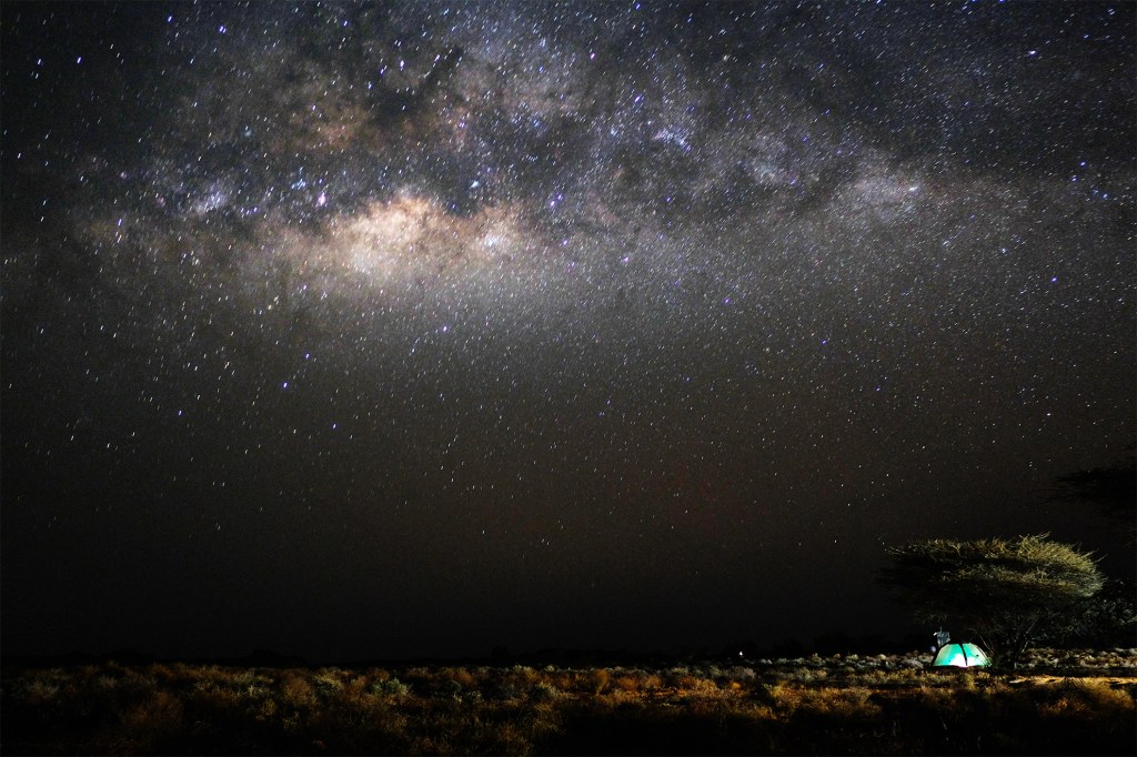Night view of field camp at Lothagam, a site in northern Kenya and one of the places where fossil teeth yield ancient proteins.