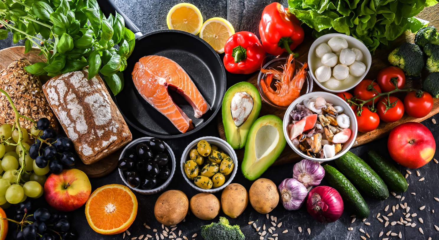 Fish, vegetables, and other foods found in Mediterranean diet.