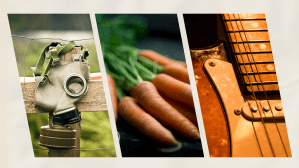 gas mask, carrots, guitar