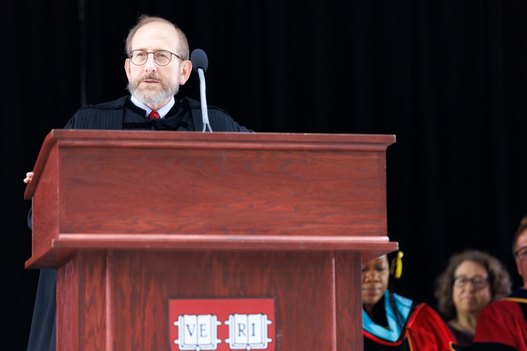 Harvard President Alan Garber speaks during the Class of 2029 Convocation, in Tercentenary Theatre.