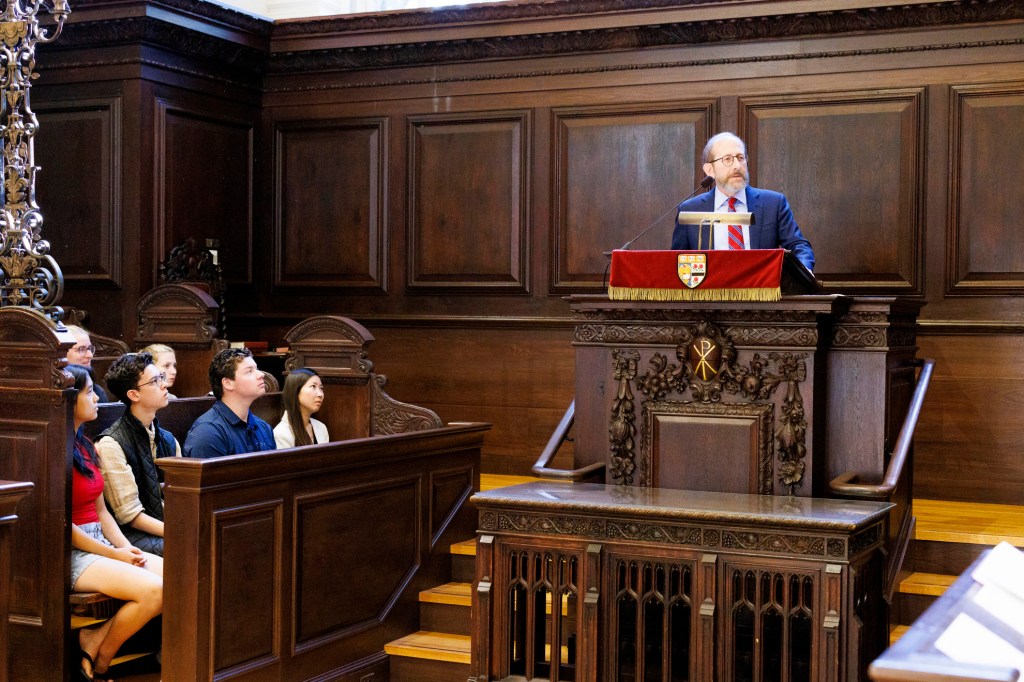 Harvard President Alan Garber speaks during The Memorial Church’s Morning Prayers.