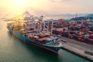 Cargo ships in dock.