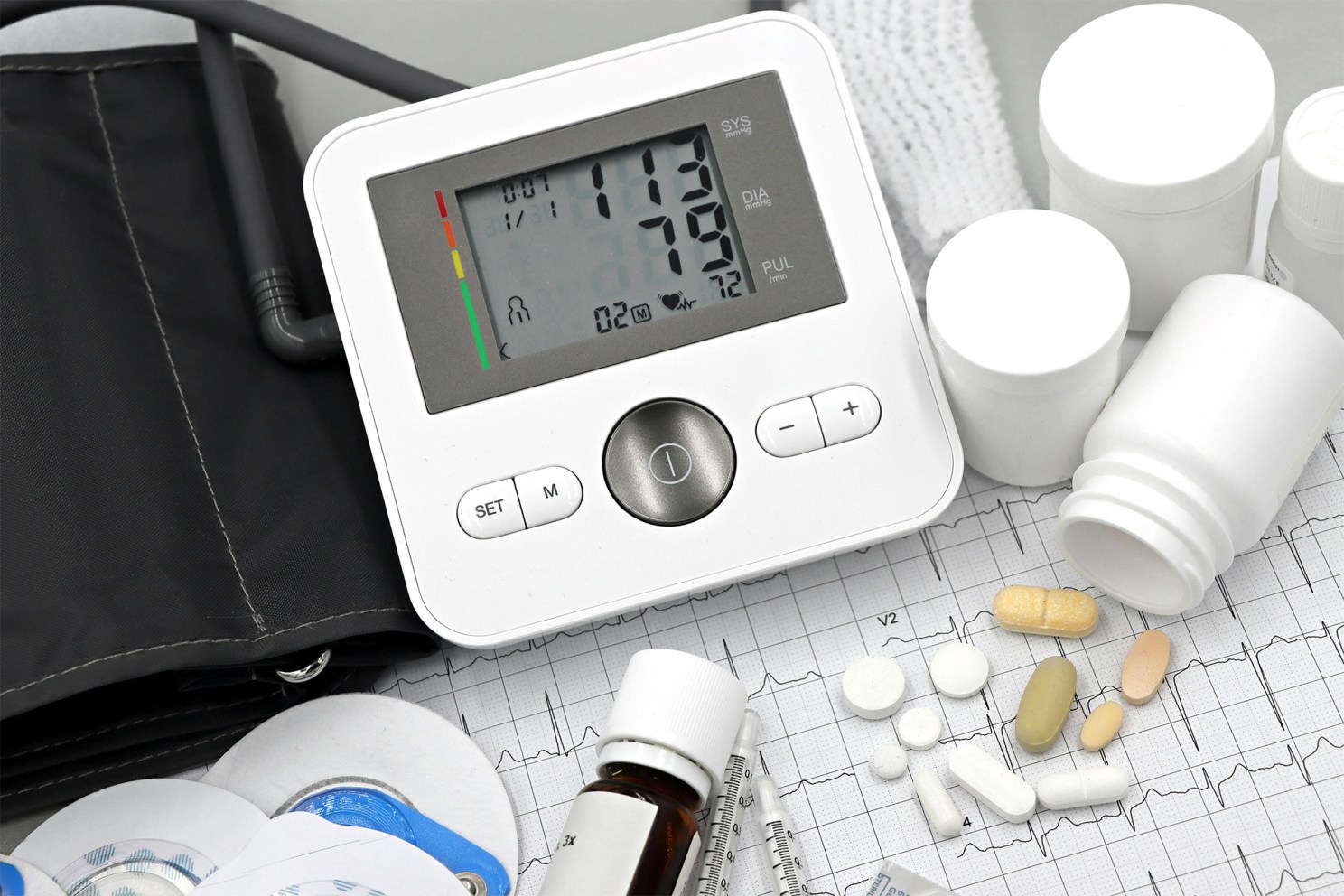 Heart Health items, blood pressure machine, pills.