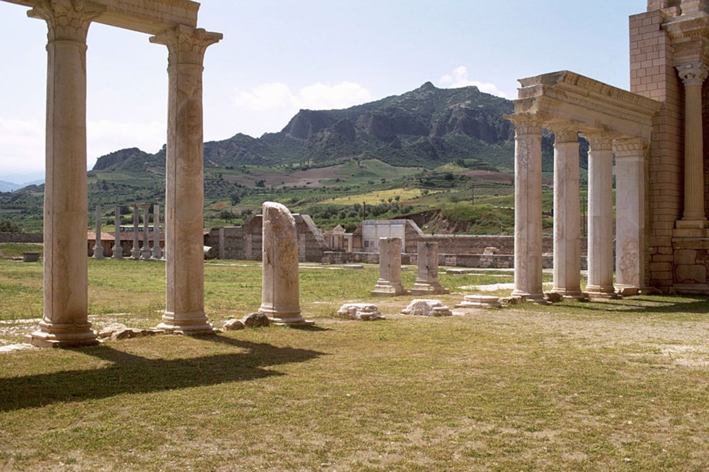 Columns in front of the restored gymnasium in the Roman civic center at Sardis.
