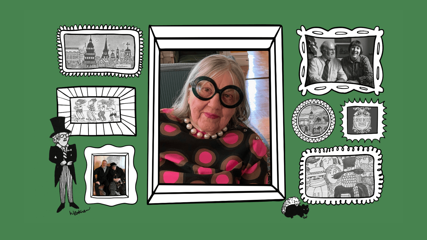 Barbara Westman and a collage of her illustrations