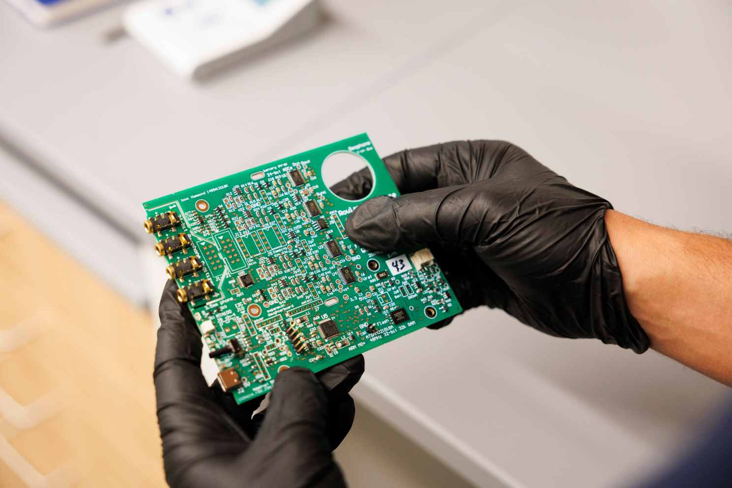 A close up of a vibration sensor used in the El Baggari Lab.