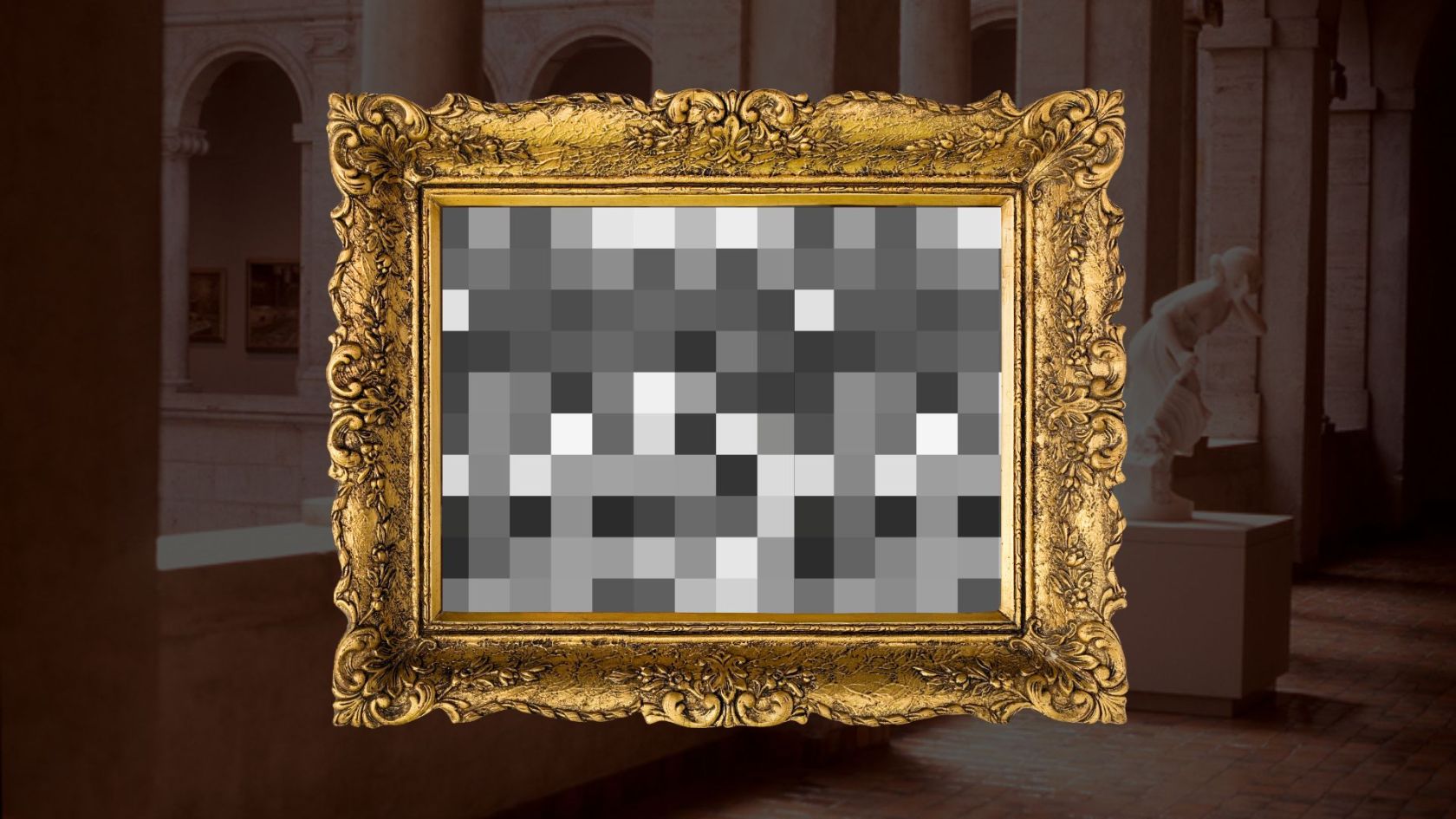 An ornate gold picture frame displays pixelated gray squares.