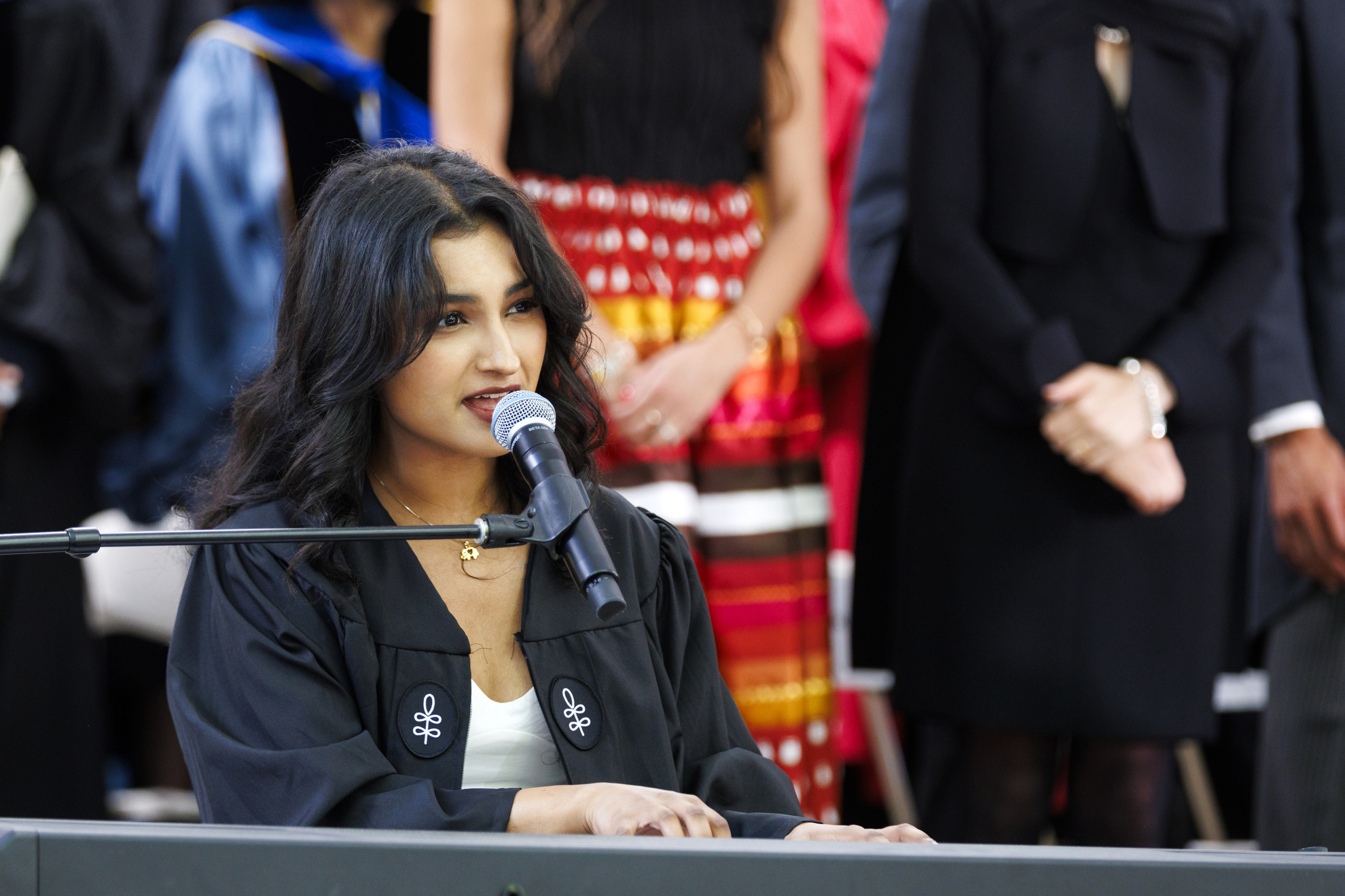 Sanjna Rajagopalan ’26 singing America the Beautiful. 