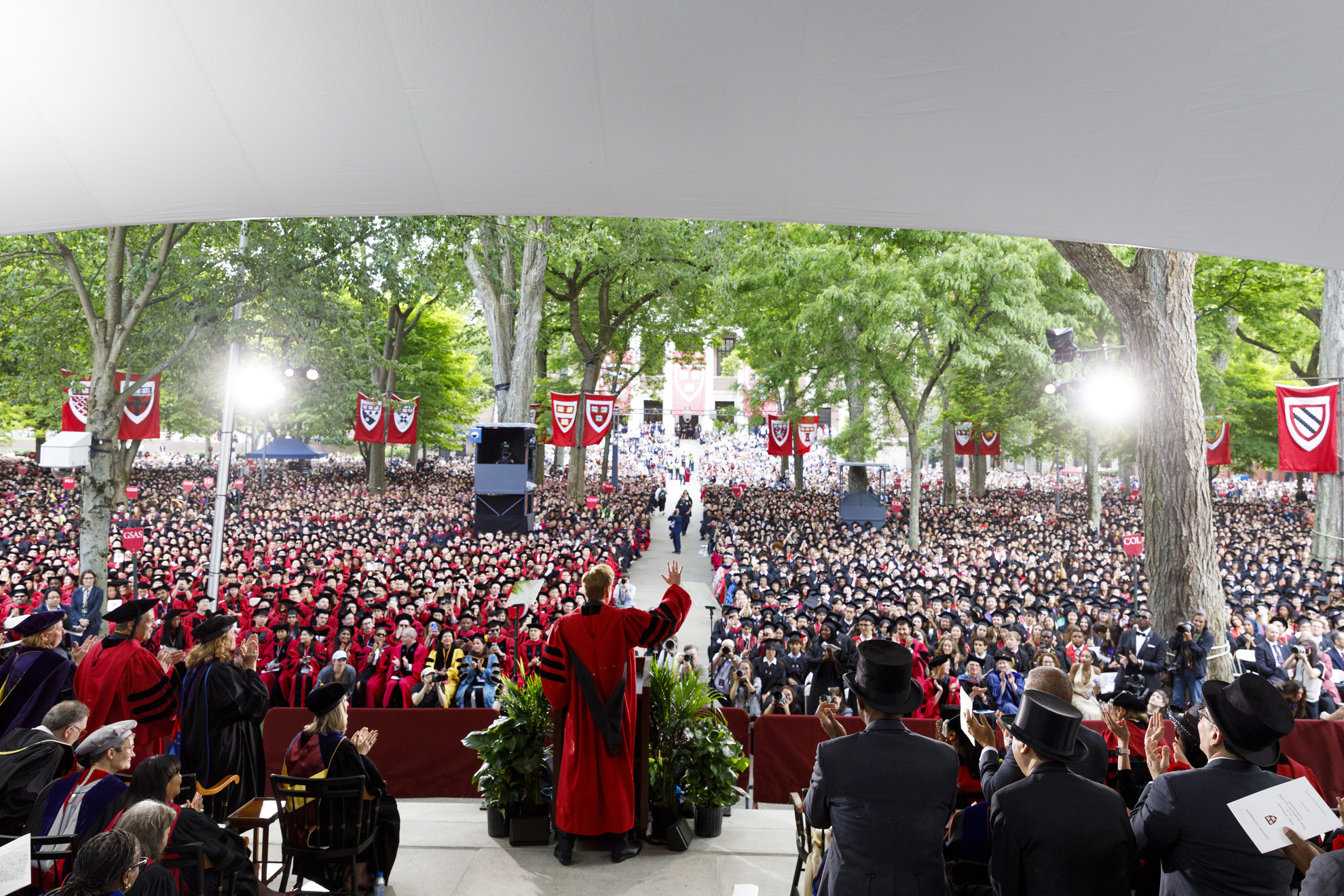 Conan O'Brien greets the graduates filling Tercentenary Theatre.