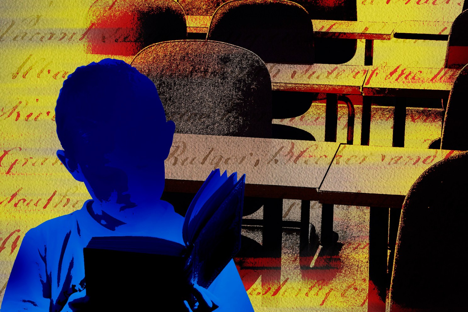 Illustration of cursive, classroom, and child reading. 
Roy Scott/Ikon Images