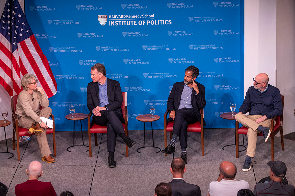 Jill Lepore (left), Steve Inskeep, Jameel Jaffer and David French sitting on a stage together