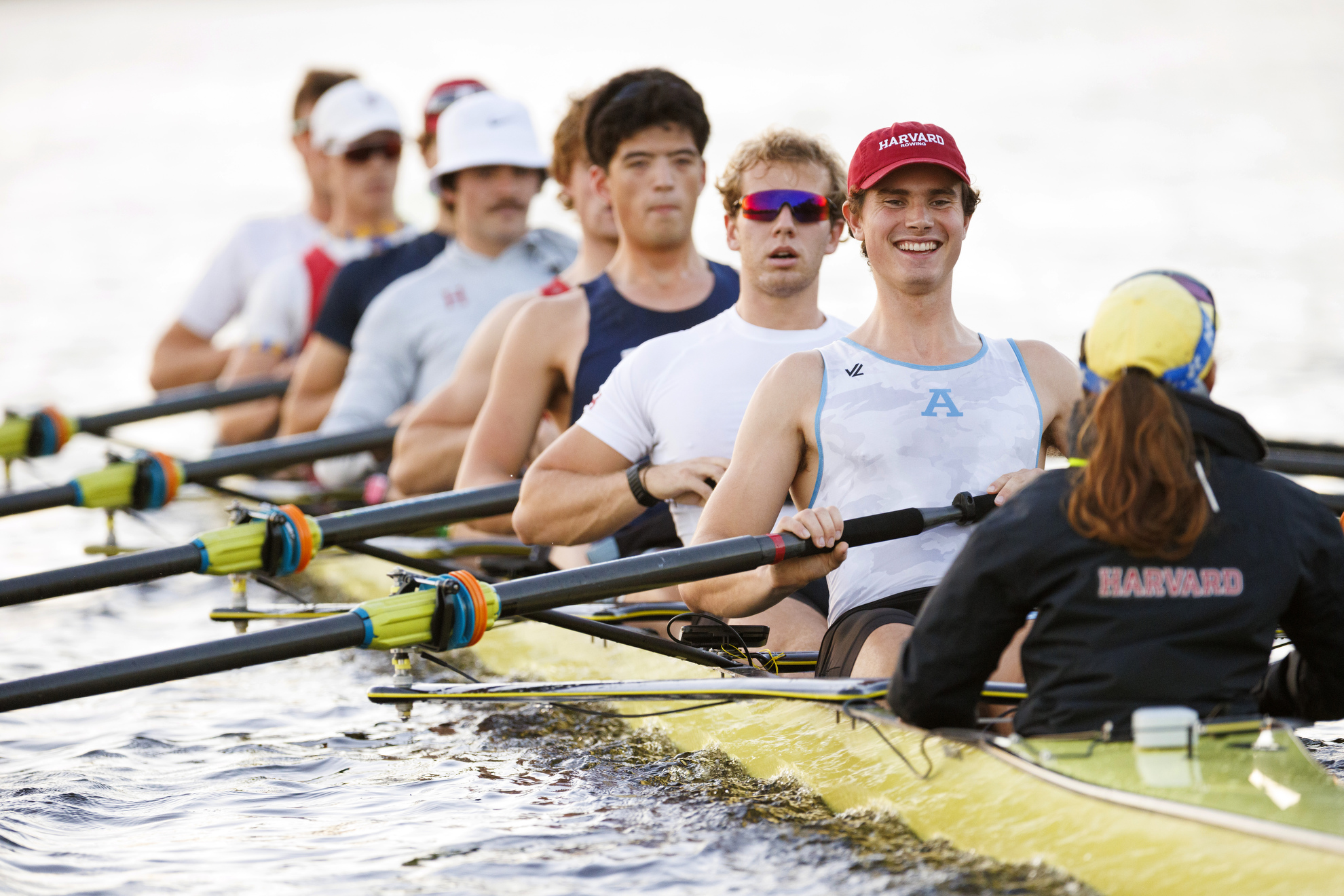 Sam Gallaudet (right), a senior, rows with teammates during a Harvard’s men’s heavyweight practice session.