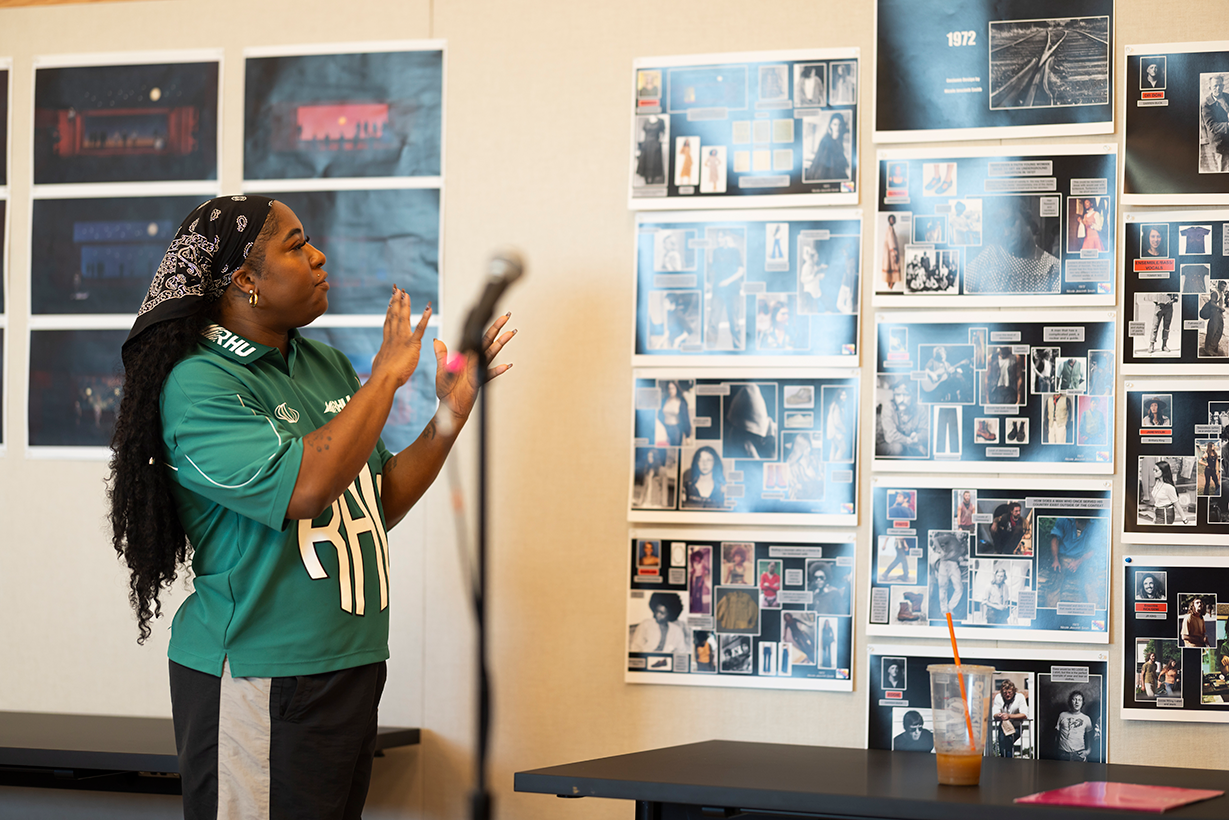 Nicole Jescinth Smith (costume designer) presents costume designs at the first
rehearsal for A.R.T.
’s world-premiere production of 1972.